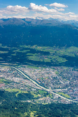 Inn Valley as seen from Nordkette mountain and ski area in Tyrol region, nord of Innsbruck in western Austria.の写真素材