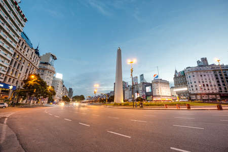 BUENOS AIRES, ARGENTINA - APR 12: The Obelisk (El Obelisco), the most recognized landmark in the...