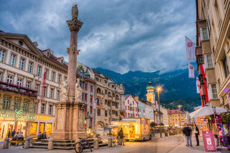 INNSBRUCK, AUSTRIA - AUG 14: St Anne Column (Annasaule) is a statue of the Virgin Mary in Maria-Theresien Street and one of its most famous landmarks on Aug 14, 2013 in Innsbruck, Austria.のeditorial素材