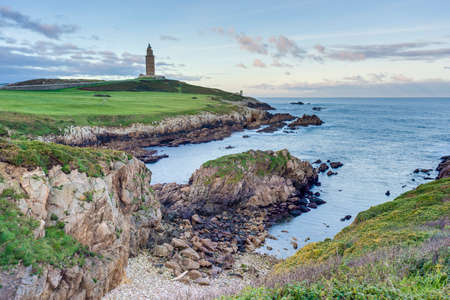 Tower of Hercules, the almost 1900 years old and rehabilitated in 1791 55 metres tall structure is the oldest Roman lighthouse in use today and overlooks the Atlantic coast of Spain from A Coruna.の写真素材