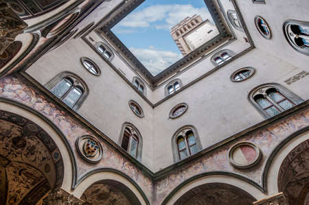 The Palazzo Vecchio (Old Palace) a massive, Romanesque, crenellated fortress-palace, is the town hall of Florence, Italy.の写真素材