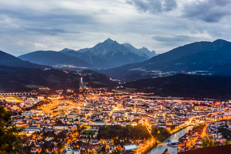 Inn Valley as seen from Nordkette mountain and ski area in Tyrol region, nord of Innsbruck in western Austria.の写真素材