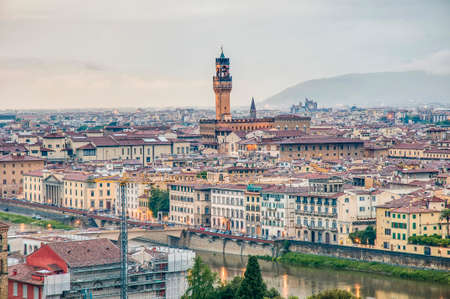 The Palazzo Vecchio (Old Palace) a massive, Romanesque, crenellated fortress-palace, is the town hall of Florence, Italy.のeditorial素材
