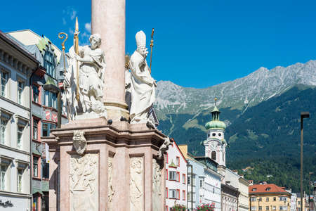 St Anne Column in Maria-Theresien Street, a statue of the Virgin Mary atop a Corinthian red marble column erected in 1706 to celebrate the withdrawal of invading Bavarian armies in Innsbruck, Austria.のeditorial素材