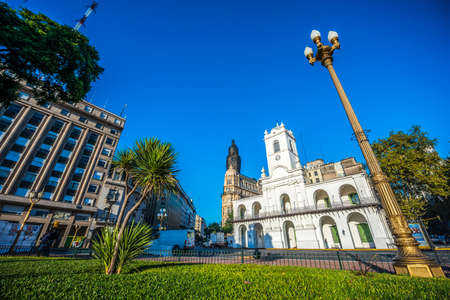 BUENOS AIRES, ARGENTINA - APR 12: Cabildo building facade as seen from Plaza de Mayo in Buenos Aires, Argentina on Apr 12, 2013 in Buenos Aires, Argentina.のeditorial素材
