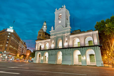 Cabildo building facade at night as seen from Plaza de Mayoのeditorial素材