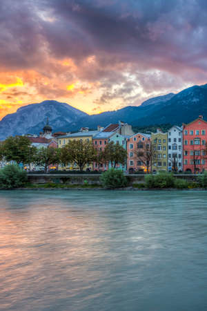 INNSBRUCK, AUSTRIA - AUG 16: Inn river, a 517 kilometres long tributary of the Danube on its way through the capital of Tyrol region on Aug 16, 2013 in Innsbruck, Austria.のeditorial素材