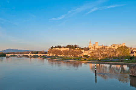 Avignon skyline at sunset as seen from Pont Edouard Daladier, Franceの写真素材