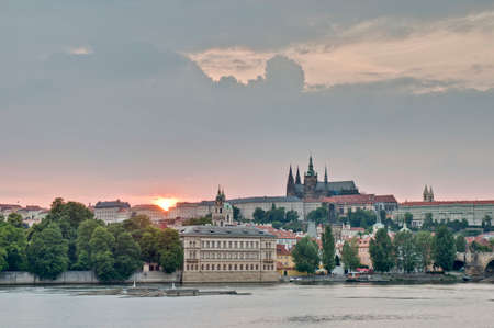Sunset on Prague Castle over Vltava Riverのeditorial素材