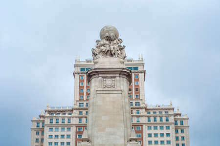 Spain Square, the popular tourist destination at the western end of the Gran Via avenue features a monument to Miguel de Cervantes Saavedra in Madrid, Spain.のeditorial素材