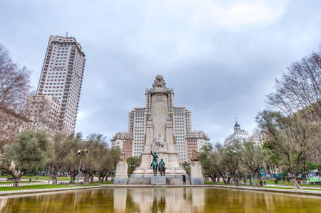 Spain Square, the popular tourist destination at the western end of the Gran Via avenue features a monument to Miguel de Cervantes Saavedra in Madrid, Spain.のeditorial素材