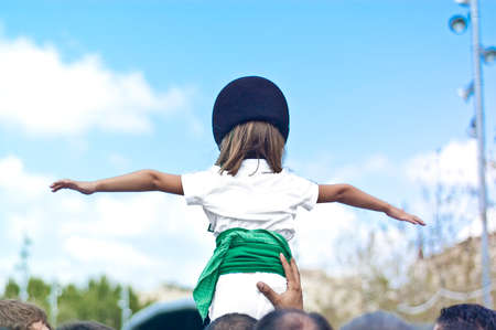 VILAFRANCA DEL PENEDES, SPAIN - AUG 29: Falcons casteller group on Cercavila performance within the Festa Major celebrations Aug 29, 2011 in Vilafranca del Penedes, Spain.のeditorial素材