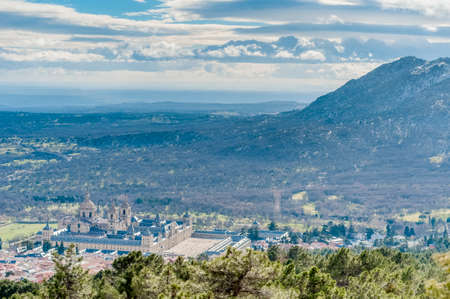 The Royal Seat of San Lorenzo de El Escorial, historical residence of the King of Spain, about 45 kilometres northwest Madrid, in Spain.の写真素材
