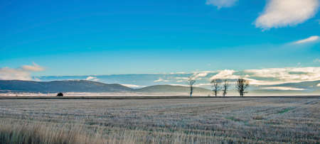 Sun shyly rises over Gallocanta Lagoon in Zaragoza, Spainの写真素材