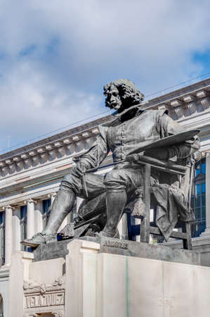 Prado Museum facade and Cervantes statue in Madrid, Spainのeditorial素材