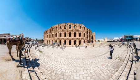 EL DJEM, TN - MARCH 19, 2017:  Amphitheatre of El Jem, an oval amphitheatre in the city of El Djem, Tunisia. It is listed by UNESCO since 1979 as a World Heritage Site.のeditorial素材