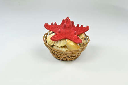 Red starfish - studio photography of wicker basket with a starfish and seashells