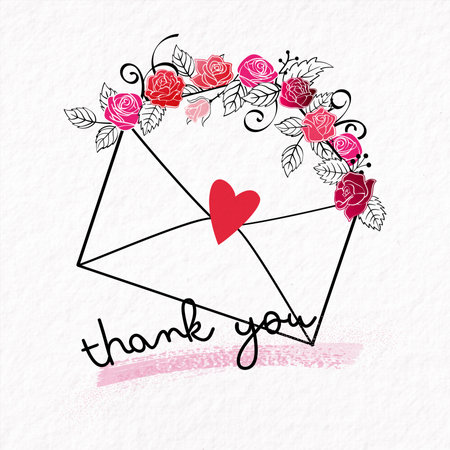 Thank you card with roses and hearts. Hand drawn vector illustration.の写真素材