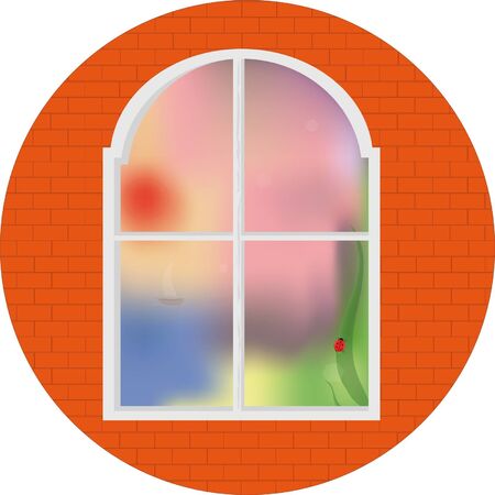 Window in a brick wall with a kind on a fuzzy summer landscapeのイラスト素材