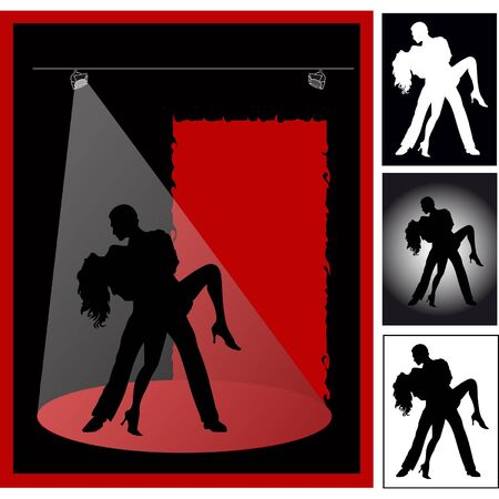 Ballroom dances. Couple dances a passionate tango on a black background in the light of spotlightsのイラスト素材