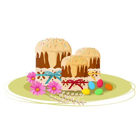 Easter cakes with topping, decorations, flowers, willow branches, colored eggs on white background. Vector illustration. Happy Easter card. Easter symbols. Homemade pie for spring holiday celebration.のイラスト素材
