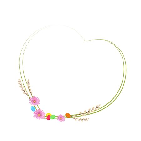 Spring and Easter wreath vector illustration with flowers, colored eggs, willow branches on white backgroundのイラスト素材