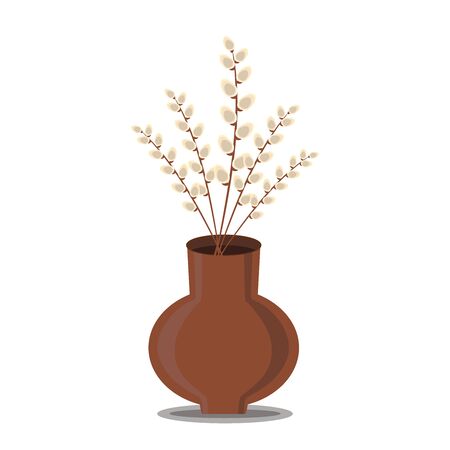 Illustration of willow branches bouquet in a clay pot on white backgroundのイラスト素材