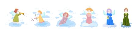 Set of six cute cartoon angels isolated on a white backgroundのイラスト素材
