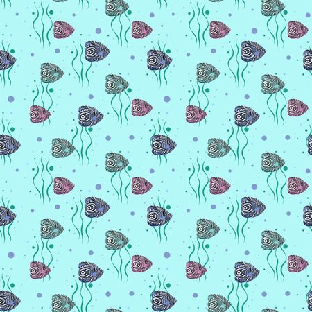 Seamless pattern with tropical exotic fishes in different colors with seaweeds.のイラスト素材