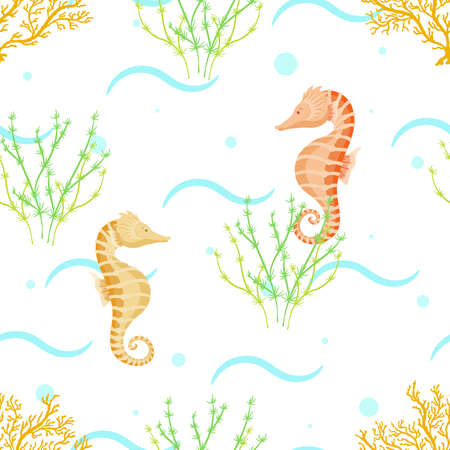 Seamless pattern with seahorses, corals and algae. Underwater illustration on a white background.のイラスト素材