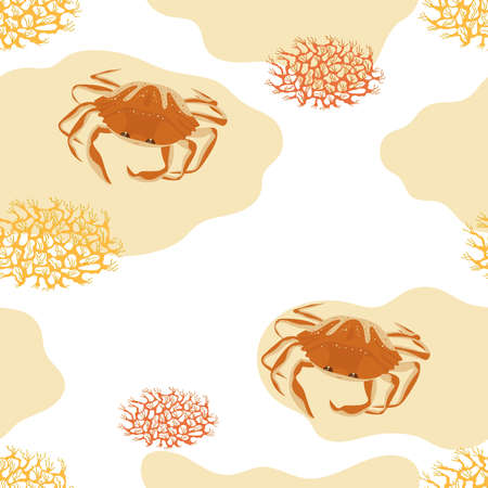 Seamless pattern with crabs, algae ans sand spots. Colorful ocean and sea creatures.のイラスト素材