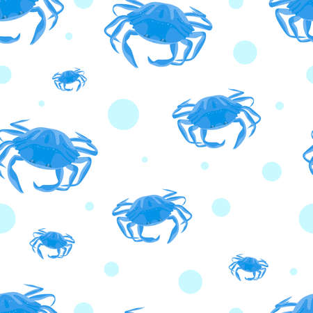 Seamless pattern with blue crabs and water bubbles on white background. Colorful ocean and sea creatures.のイラスト素材