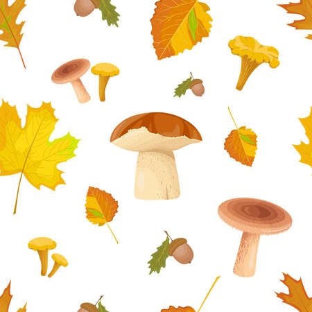 Autumn forest seamless pattern with edible mushrooms, leaves and acorns. Fall season ornament on white background.のイラスト素材
