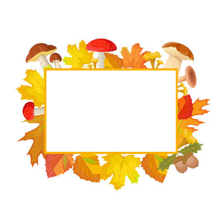 Autumn rectangular frame decorated with leaves, mushrooms, acorns. Design for greeting card, poster, flyer, web banner.のイラスト素材