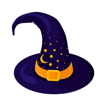 Halloween hat illustration in flat style. Witch's hat on white background with moon and stars decoration.のイラスト素材