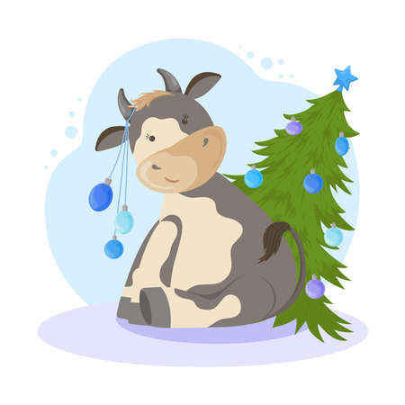 New year cartoon bull illustration. Funny scene with a bull, a Christmas tree and balls decor.のイラスト素材
