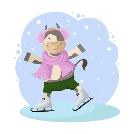 New year cartoon bull illustration. Funny character of a bull skating and wearing warm earmuffs, a scarf and leggings.のイラスト素材