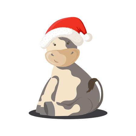 New year cartoon bull illustration. Funny character of a bull wearing Santa hat.のイラスト素材