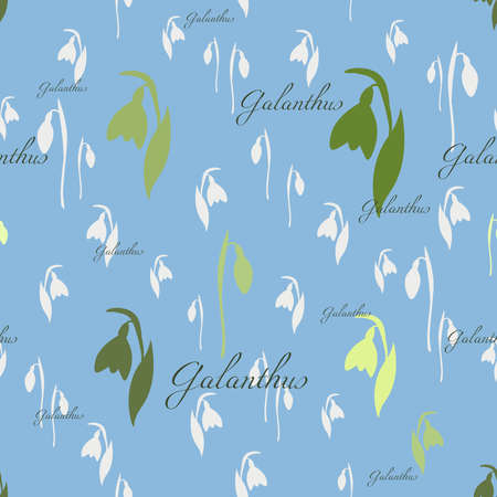 The snowdrops seamless pattern. Abstract ornament with spring flowers silhouettes and Galanthus text.のイラスト素材