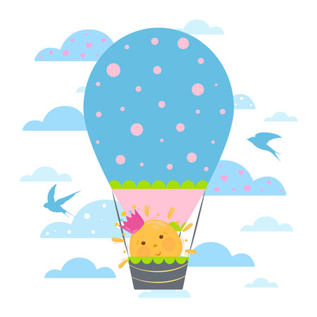 Cute cartoon air balloon illustration on cloudy sky with funny sun in the basket. Kids design. Travel, adventure concept. Birthday card.のイラスト素材