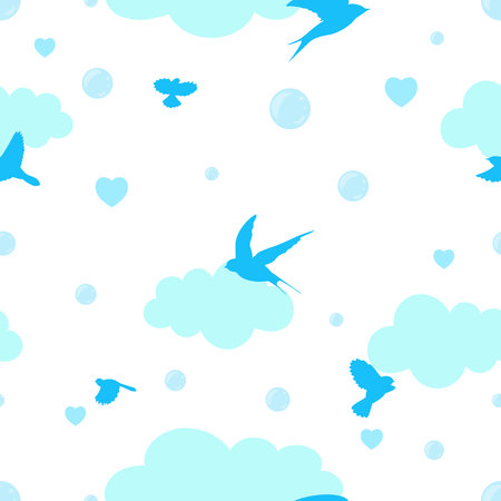 Seamless pattern with birds, clouds and heartsのイラスト素材
