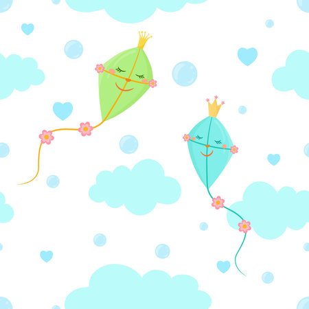 Seamless pattern with cute cartoon kites on cloudy sky. Kids design. Texture on white and transparent background.のイラスト素材