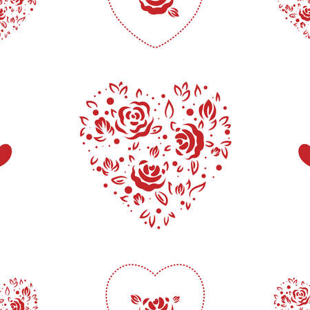 Seamless pattern with hearts and floral motives. Red love ornament on white and transparent backgrounds.のイラスト素材