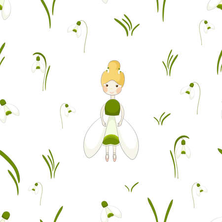 Seamless pattern with spring fairy and snowdrops flowers. Spring and floral texture with fairytail character. White and transparent backgrounds.のイラスト素材