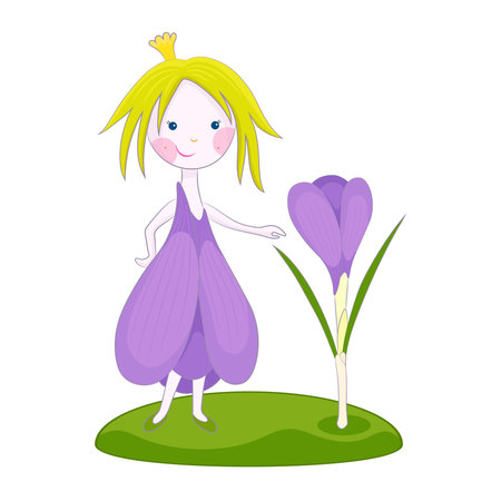Cute cartoon spring fairy illustration with crocus flower. Fairytail character. Forest and garden creature.のイラスト素材