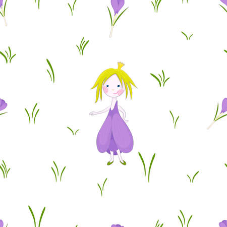 Seamless pattern with crocuses flowers. Cute floral texture with fairytail character. White and transparent backgrounds.のイラスト素材