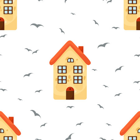 Seamless pattern with cute houses on white and transparent backgrounds. City living concept.のイラスト素材