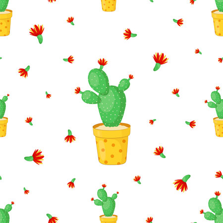 Seamless pattern with the cactus in a pot and flowers. Cute background with home plants. Texture for fabric, wrapping paper.のイラスト素材