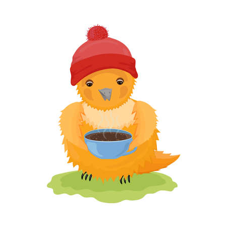 The cute bird in the hat with a cup of coffee. The cold season concept.のイラスト素材