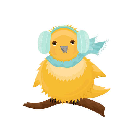 Cute bird with scarf and earmuffs on tree branch. Cold season concept.のイラスト素材